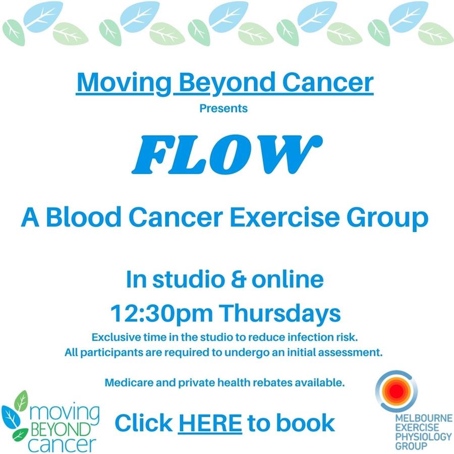 Image showing details of the Blood cancer exercise group available in studio or online 12:30pm THrusdays with the Melbourne exercise physiology group. Rebates available from medicae and private health insurance. Logo for moving beyond cancer and melbourne exercise group